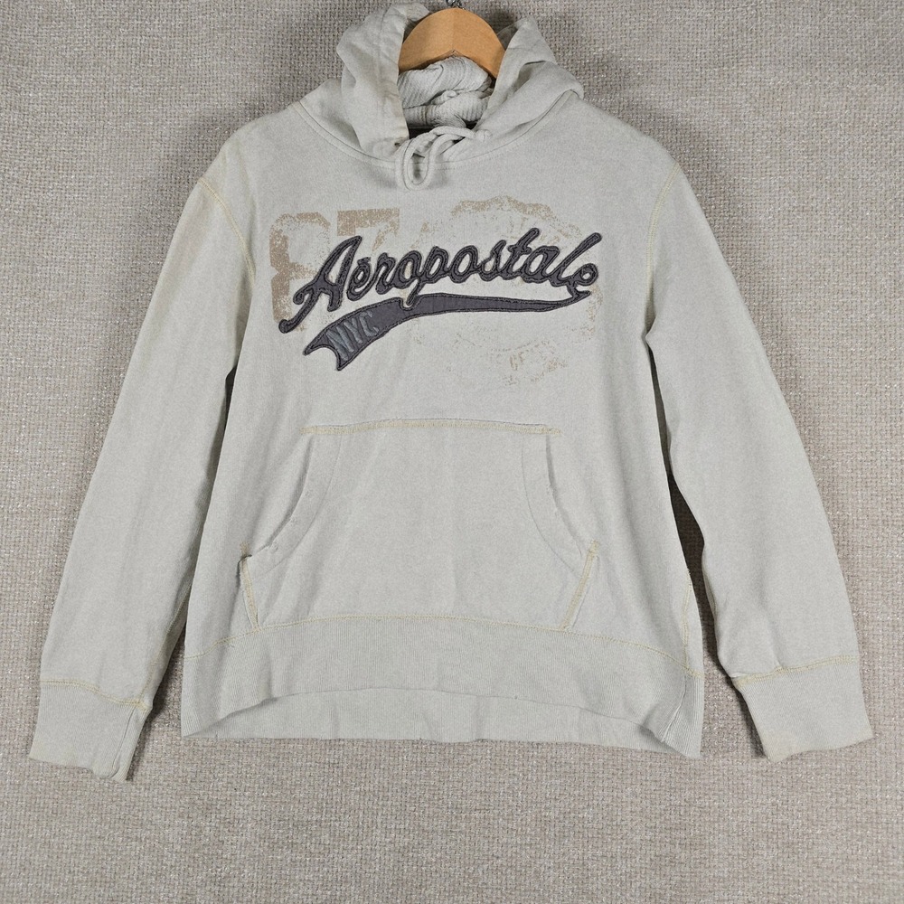 Aeropostale Womens L‎ Hoodie Gray Spellout Sweatshirt Y2K Grunge Boxy 87 Crest